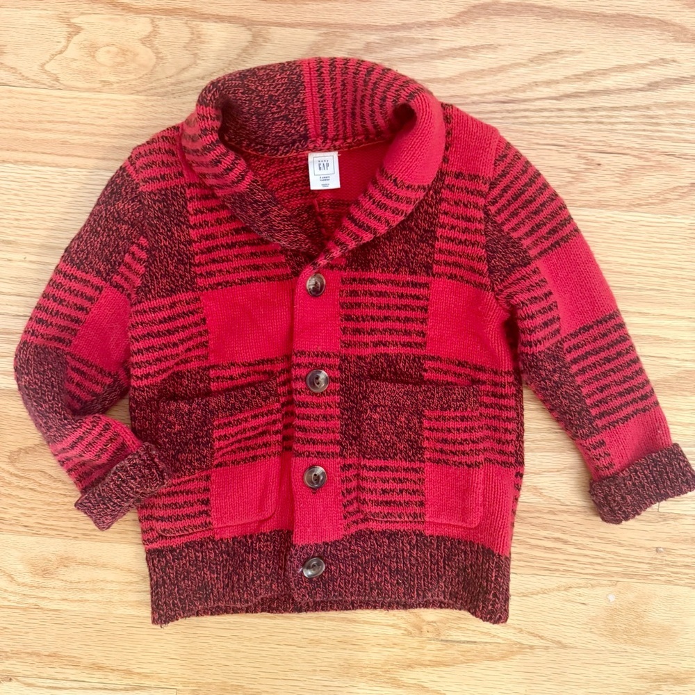 GAP Kids Red Plaid Christmas Cardigan Sweater 3t